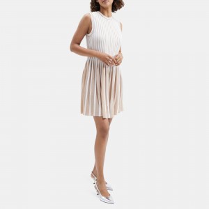 Striped Pleat Dress in Compact Stretch Knit