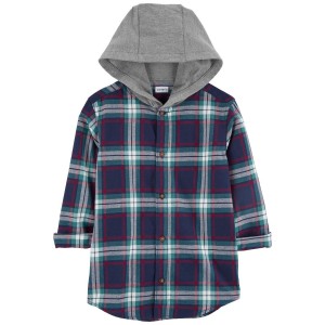 Navy Kid Hooded Flannel Button-Front Shirt