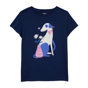 Navy Kid Dog and Flowers Graphic Tee