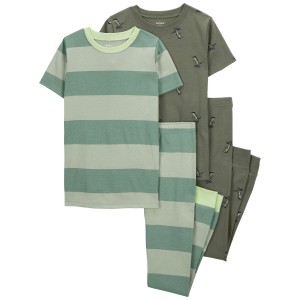 Green Kid 4-Piece Rugby Stripe 100% Snug Fit Cotton Pajamas