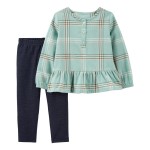 Green Plaid Baby 2-Piece Babydoll Shirt & Knit Denim Pant Set