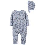 Blue Floral Baby 2-Piece Floral Jumpsuit & Bonnet