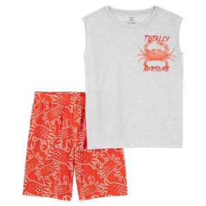 Heather/Red Kid 2-Piece Crab Loose Fit Pajama Set