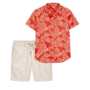 Multi Kid 2-Piece Pineapple Button-Down Shirt & Pull-On Shorts Set