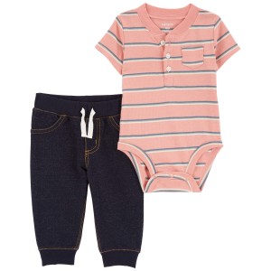 Pink/Navy Baby 2-Piece Striped Henley Bodysuit Pant Set