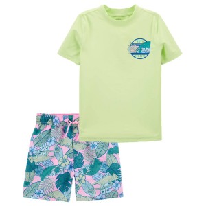 Multi Kid Short-Sleeve Rashguard & Swim Trunks Set