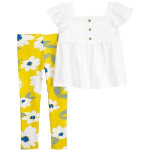 Yellow/White Baby 2-Piece Eyelet Top & Floral Legging Set