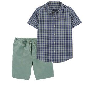 Multi Kid 2-Piece Button-Down Shirt & Pull-On Terrain Shorts Set