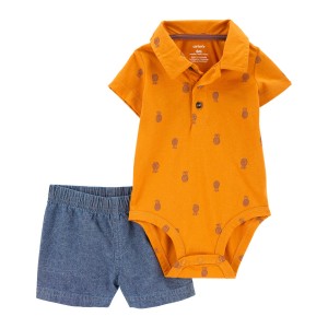 Yellow/Blue Baby 2-Piece Pineapple Polo Bodysuit & Short Set