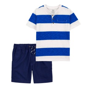 Multi Kid 2-Piece Striped Jersey Henley & Pull-On Shorts Set