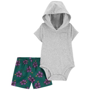 Heather/Green Baby 2-Piece Hooded Bodysuit & Floral Short Set