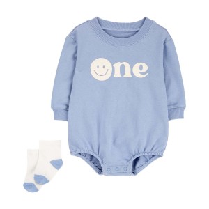 Blue/White Baby 2-Piece Birthday Bubble & Socks Set