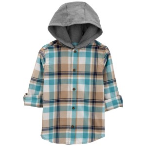 Blue/Grey Kid Plaid Hooded Button-Front Shirt