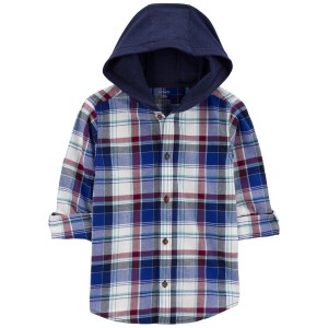 Navy Kid Plaid Hooded Button-Front Shirt