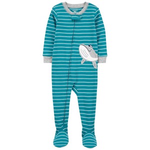 Blue Baby 1-Piece Striped Whale 100% Snug Fit Cotton Footie Pajamas