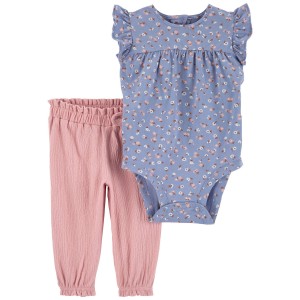 Blue/Pink Baby 2-Piece Floral Bodysuit Pant Set