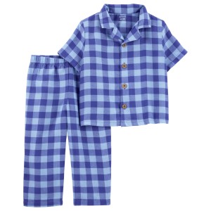 Blue Toddler 2-Piece Gingham Coat Style Pajamas