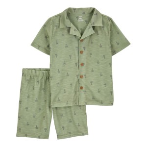 Green Kid 2-Piece Palm Tree Coat-Style Loose Fit Pajama Set