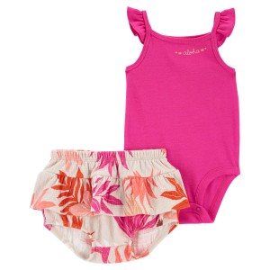 Pink Baby 2-Piece Flutter Bodysuit & Tropical Diaper Cover Set