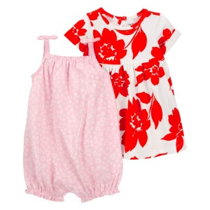 Red Baby 3-Piece Floral Dress & Romper Set