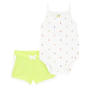 White/Neon Yellow Baby 2-Piece Ice Cream Tank Bodysuit & Short Set