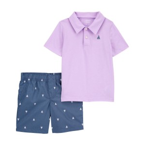 Purple/Navy Baby 2-Piece Jersey Polo Shirt & Sailboat Shorts Set
