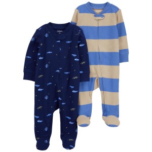Blue Baby 2-Pack Striped Zip-Up Cotton Sleep & Play Pajamas