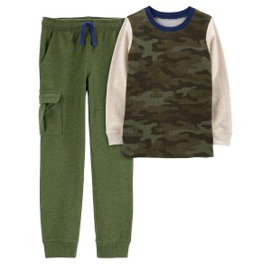 Green Kid 2-Piece Long-Sleeve Thermal Shirt & 4-Pocket Cargo Pants