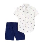 White/Navy Toddler 2-Piece Button-Down Shirt & Short Set