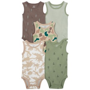 Green/Brown Baby 5-Pack Dinosaur Sleeveless Bodysuits