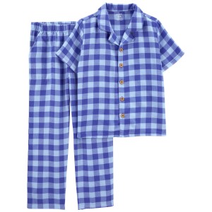 Blue Kid 2-Piece Gingham Coat Style Pajamas