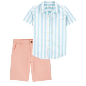 Multi Kid 2-Piece Striped Button-Down Shirt & Pastel Stretch Chino Shorts Set
