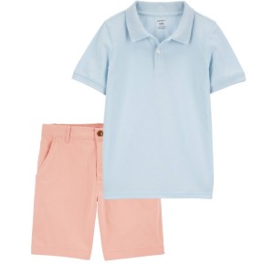 Multi Kid 2-Piece Ribbed Collar Polo Shirt & Chino Shorts Set