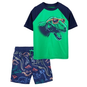 Multi Kid Dinosaur Rashguard & Swim Trunks Set