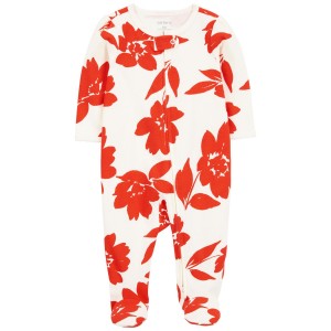 Ivory/Red Baby 2-Way Zip Floral Cotton Sleep & Play Pajamas