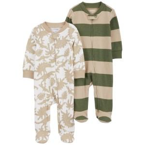 Green/Tan Baby 2-Pack Striped Zip-Up Cotton Sleep & Play Pajamas