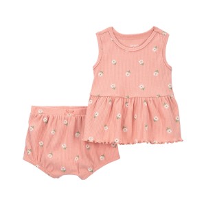 Pink Baby 2-Piece Floral Ribbed Outfit Set