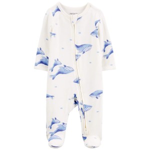 Ivory/Blue Baby Whale Print 2-Way Zip LENZING ECOVERO Sleep & Play Pajamas