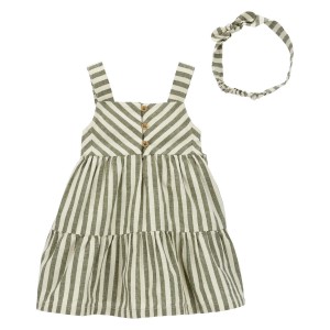 Green Baby 2-Piece Striped Linen Dress & Headwrap Set