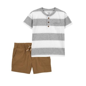Multi Toddler 2-Piece Striped Jersey Henley & Pull-On Shorts Set