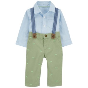 Blue Baby 2-Piece Button-Front Bodysuit and Suspenders Pants Set