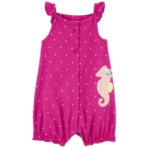 Pink Baby Seahorse Snap-Up Cotton Romper