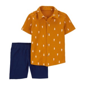 Navy, Orange Toddler 2-Piece Pineapple-Print Shirt & Canvas Shorts Set