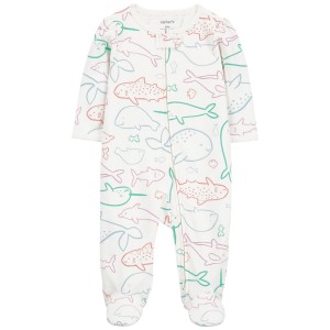 Ivory Baby Whale Zip-Up Sleep & Play Pajamas