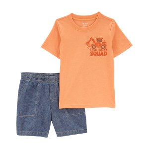 Orange/Navy Toddler 2-Piece Construction Tee & Denim Short Set