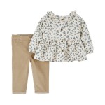 Beige Baby 2-Piece Floral Babydoll Shirt & Pant Set