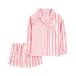Pink/White Kid 2-Piece Striped Woven Coat-Style Pajamas