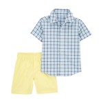 Blue/Yellow Toddler 2-Piece Plaid Button-Down Shirt & Short Set