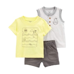 Yellow/Grey Baby 3-Piece Ocean Print Outfit Set