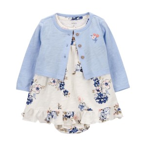 Ivory/Blue Baby 2-Piece Bodysuit Dress & Cardigan Set